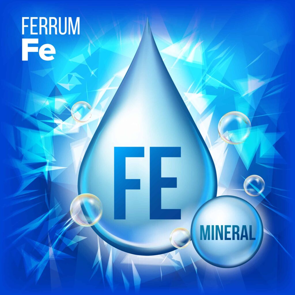Fe Ferrum Vector. Mineral Blue Drop Icon. Vitamin Liquid Droplet Icon. Substance For Beauty, Cosmetic, Heath Promo Ads Design. 3D Mineral Complex With Chemical Formula. Illustration